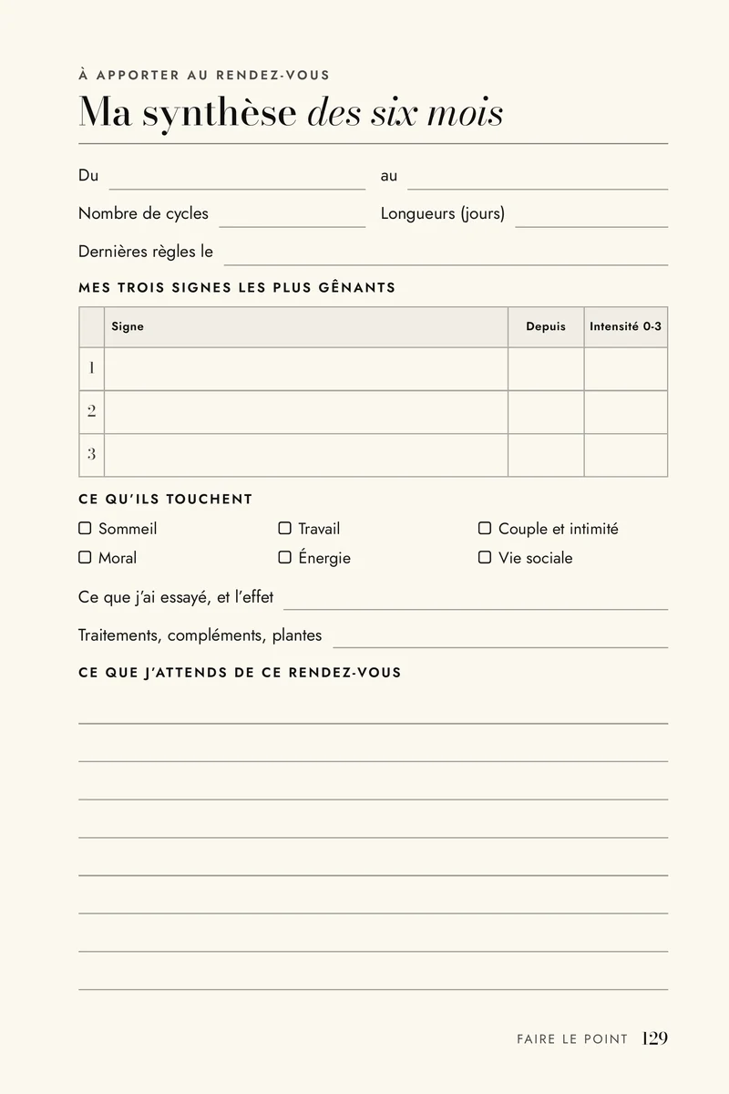 Page de synthèse des six mois